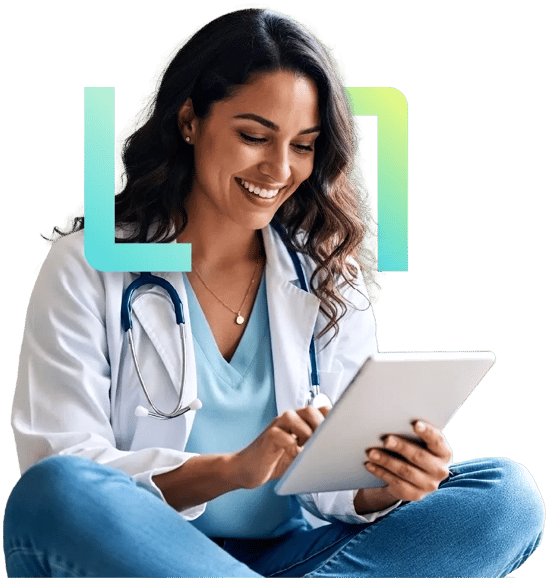 Woman doctor sitting and using tablet_Practice management solutions_Altron HealthTech